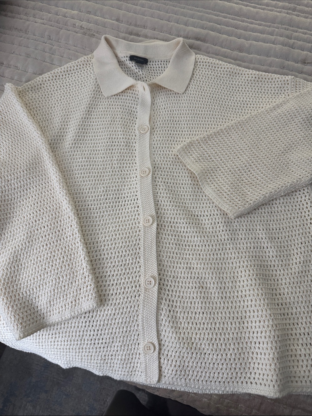 Halogen Cream Open-Weave Polo Button-Front Cardigan